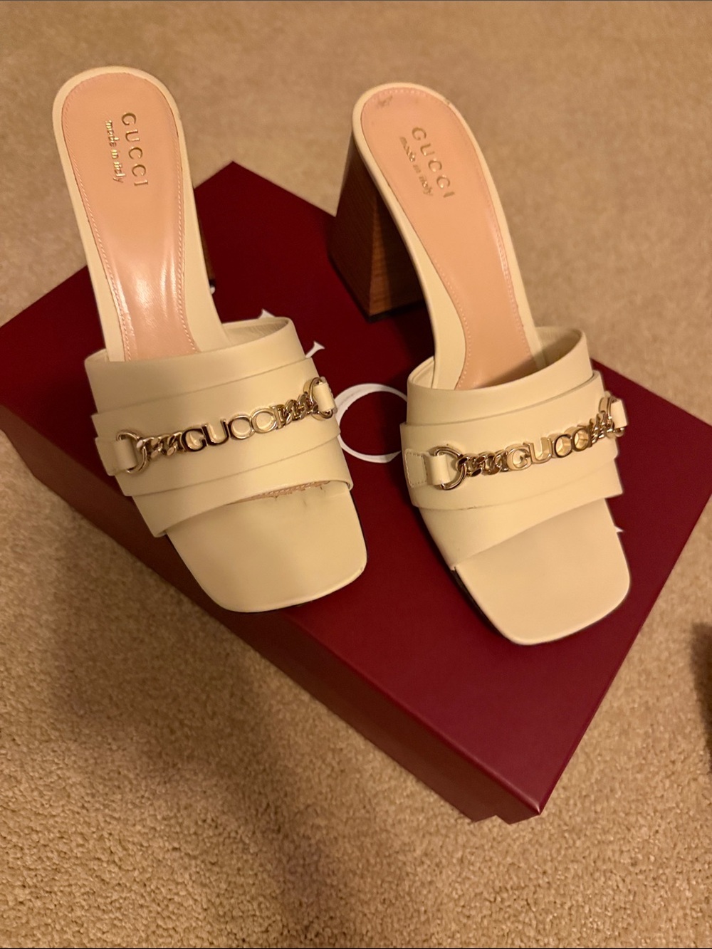 Gucci Cream Leather Gold-Chain Block Heel Mules